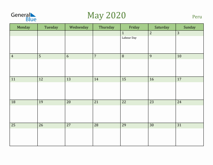 May 2020 Calendar with Peru Holidays