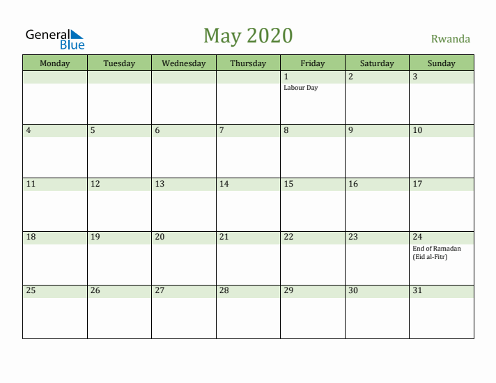 May 2020 Calendar with Rwanda Holidays