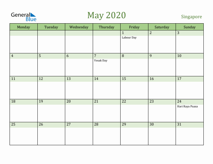 May 2020 Calendar with Singapore Holidays