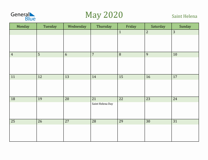 May 2020 Calendar with Saint Helena Holidays