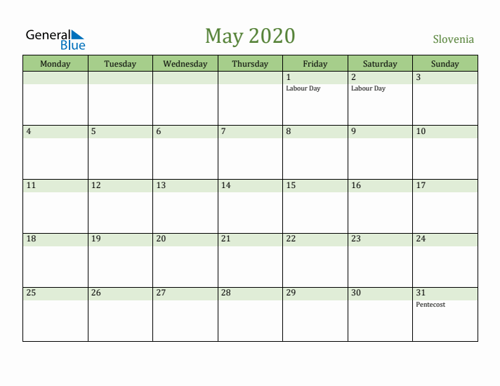 May 2020 Calendar with Slovenia Holidays