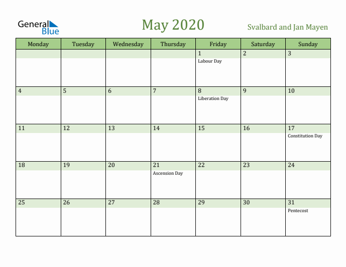 May 2020 Calendar with Svalbard and Jan Mayen Holidays