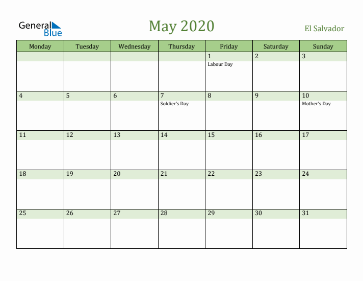 May 2020 Calendar with El Salvador Holidays