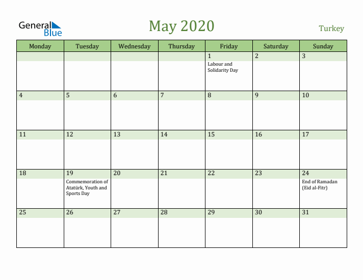 May 2020 Calendar with Turkey Holidays