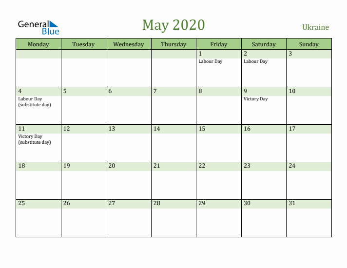 May 2020 Calendar with Ukraine Holidays