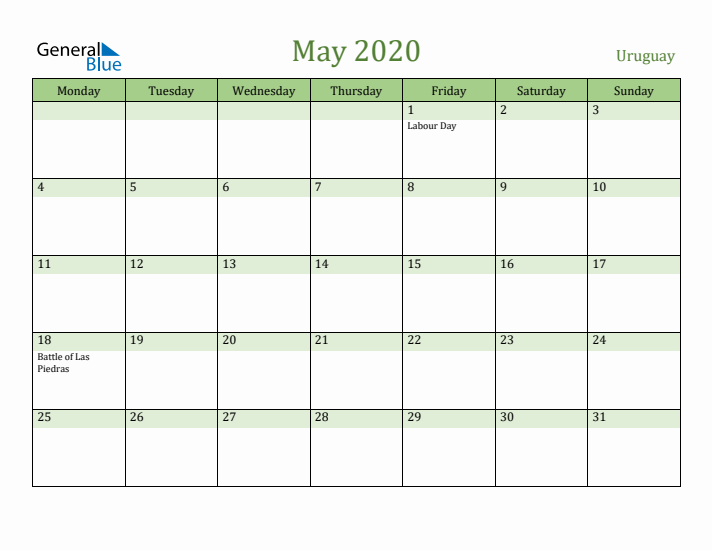 May 2020 Calendar with Uruguay Holidays