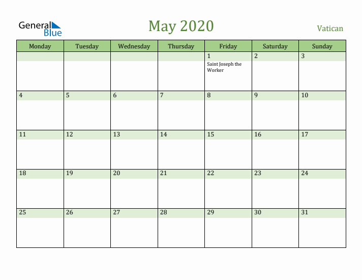 May 2020 Calendar with Vatican Holidays
