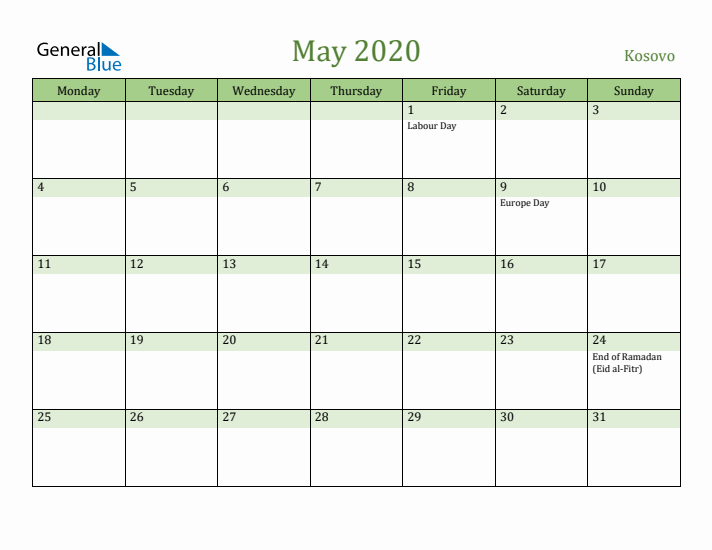 May 2020 Calendar with Kosovo Holidays