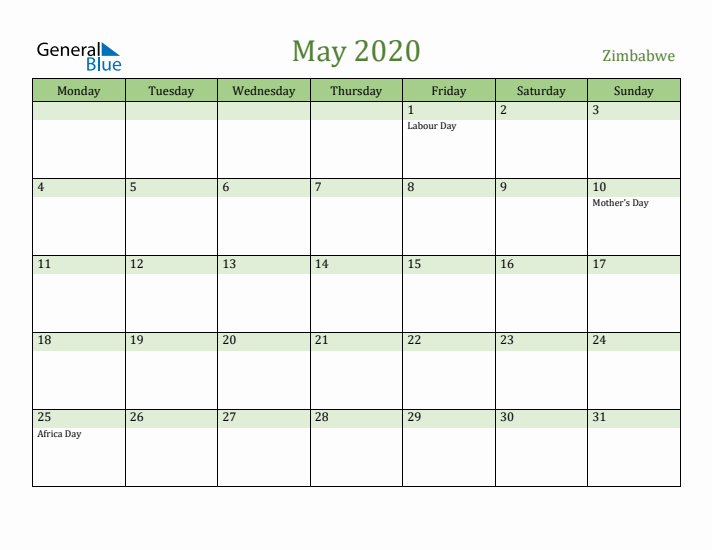 May 2020 Calendar with Zimbabwe Holidays
