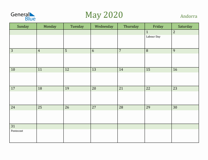 May 2020 Calendar with Andorra Holidays