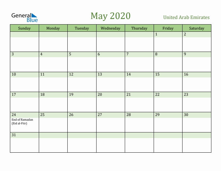May 2020 Calendar with United Arab Emirates Holidays
