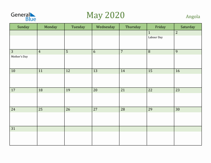 May 2020 Calendar with Angola Holidays