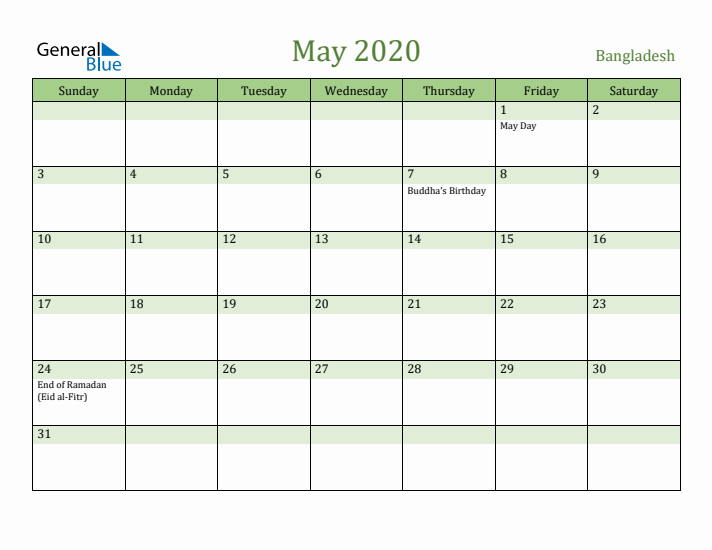 May 2020 Calendar with Bangladesh Holidays
