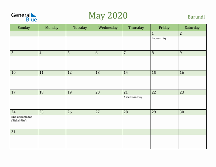 May 2020 Calendar with Burundi Holidays