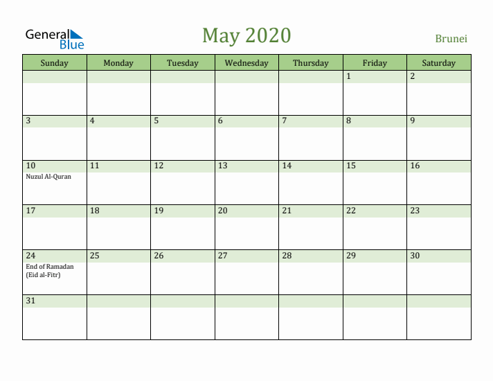 May 2020 Calendar with Brunei Holidays