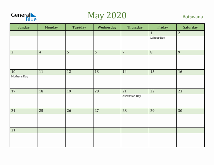 May 2020 Calendar with Botswana Holidays