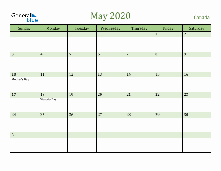 May 2020 Calendar with Canada Holidays