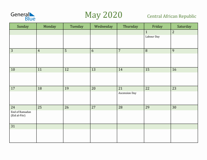 May 2020 Calendar with Central African Republic Holidays
