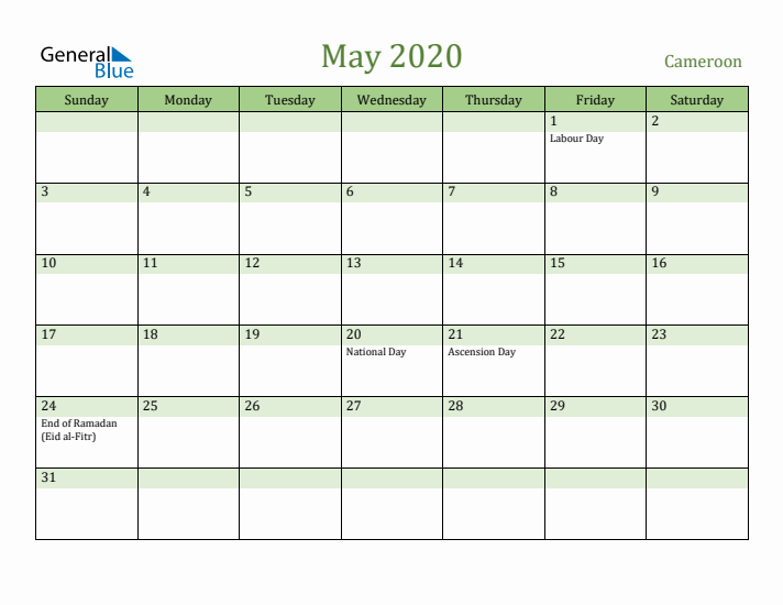 May 2020 Calendar with Cameroon Holidays