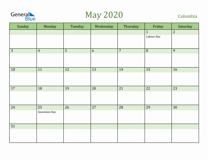 May 2020 Calendar with Colombia Holidays
