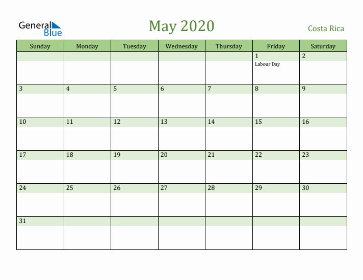 May 2020 Calendar with Costa Rica Holidays