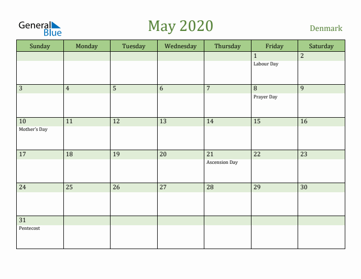 May 2020 Calendar with Denmark Holidays
