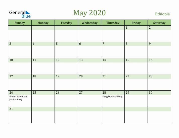 May 2020 Calendar with Ethiopia Holidays
