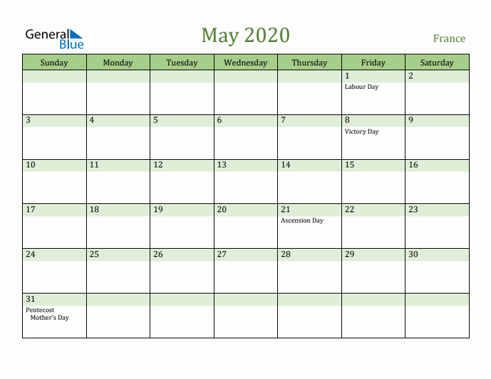 May 2020 Calendar with France Holidays