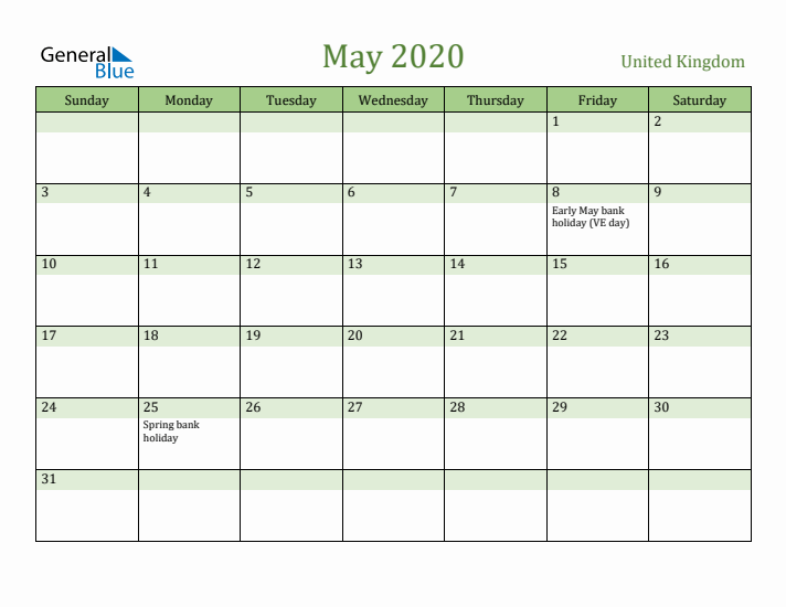 May 2020 Calendar with United Kingdom Holidays