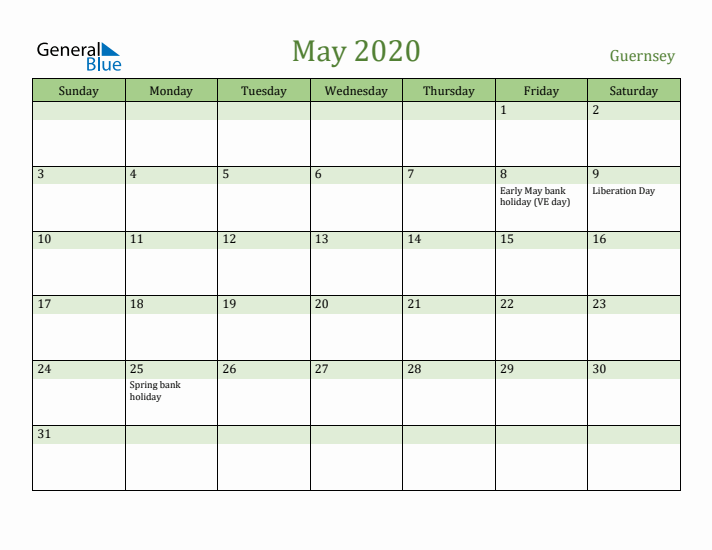 May 2020 Calendar with Guernsey Holidays