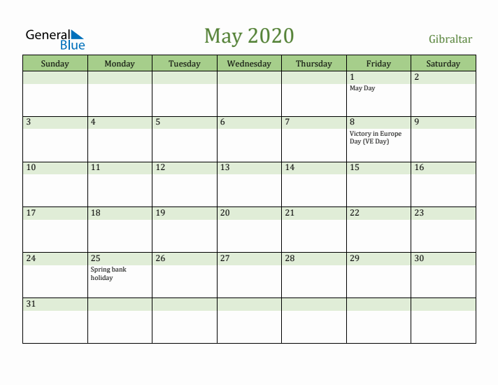 May 2020 Calendar with Gibraltar Holidays