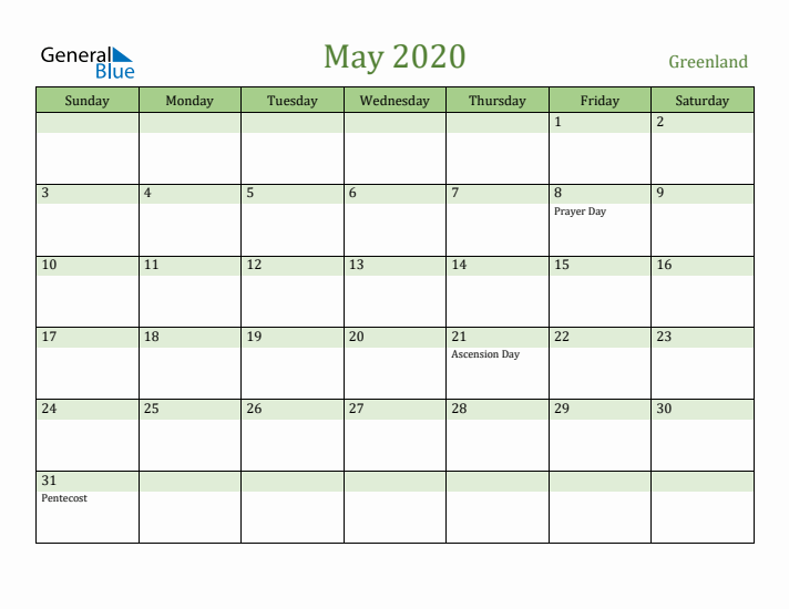 May 2020 Calendar with Greenland Holidays