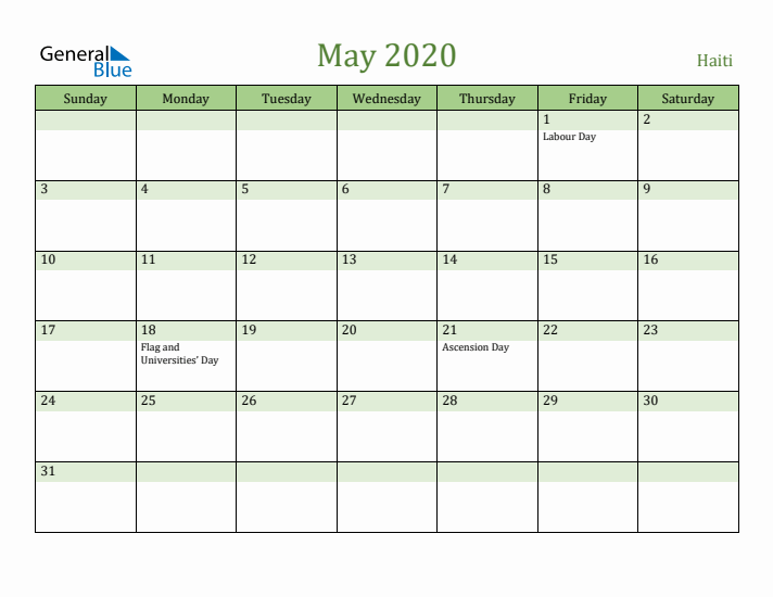 May 2020 Calendar with Haiti Holidays