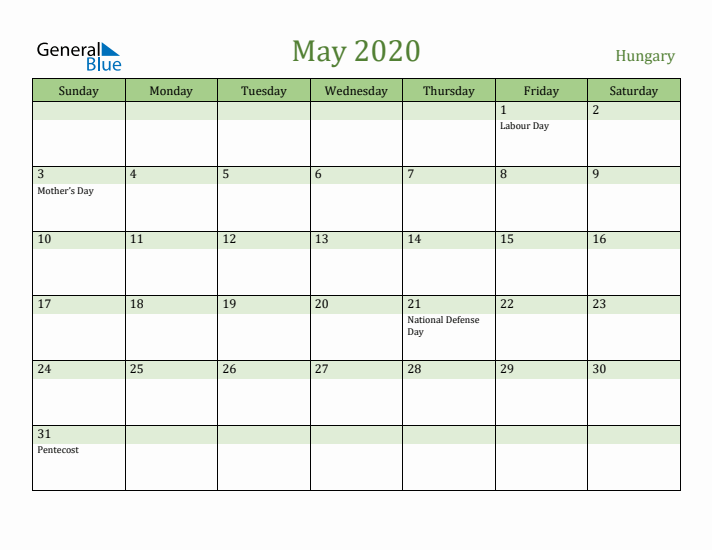May 2020 Calendar with Hungary Holidays