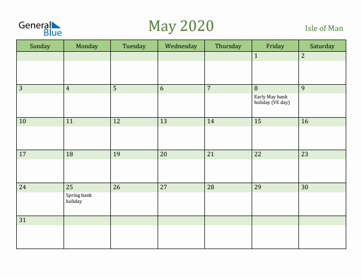 May 2020 Calendar with Isle of Man Holidays