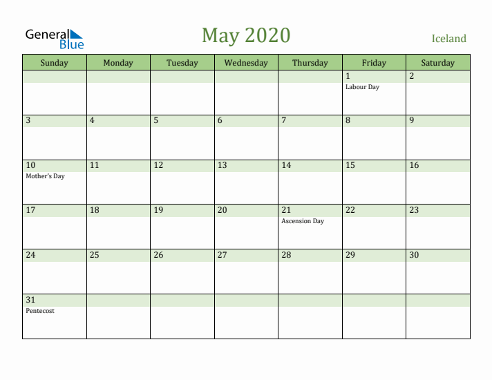 May 2020 Calendar with Iceland Holidays