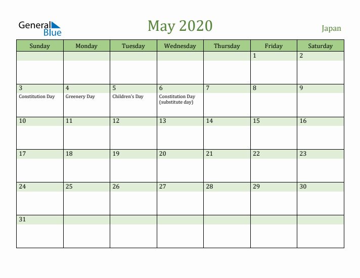 May 2020 Calendar with Japan Holidays