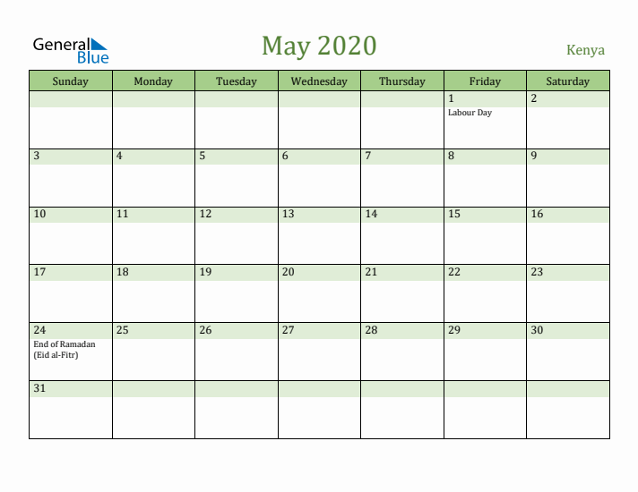 May 2020 Calendar with Kenya Holidays