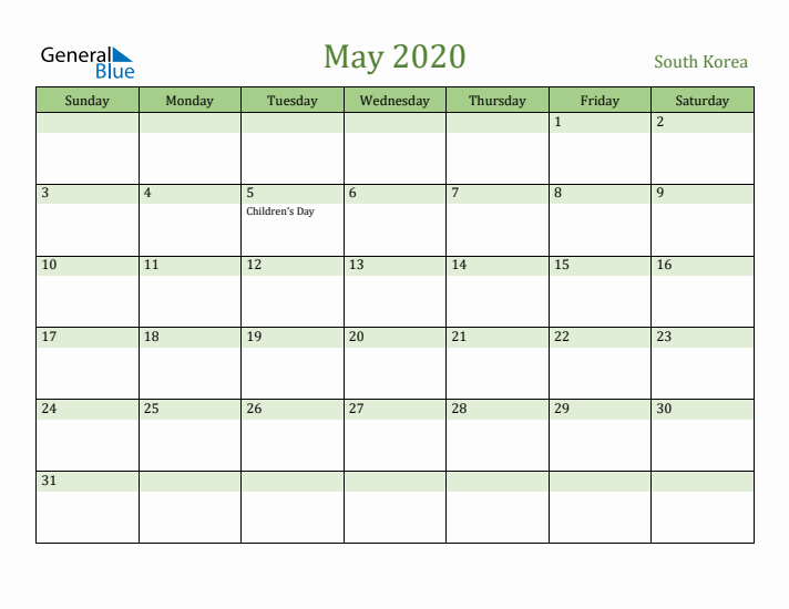 May 2020 Calendar with South Korea Holidays