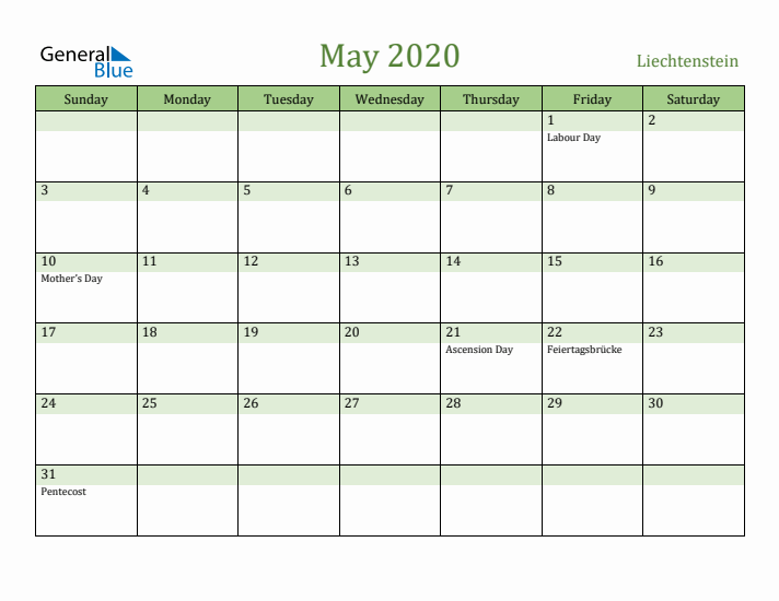 May 2020 Calendar with Liechtenstein Holidays