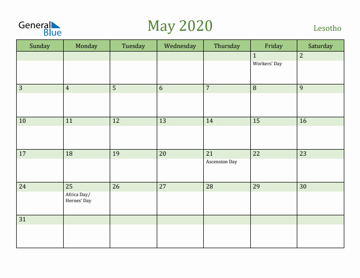 May 2020 Calendar with Lesotho Holidays