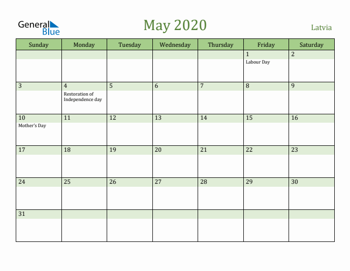 May 2020 Calendar with Latvia Holidays