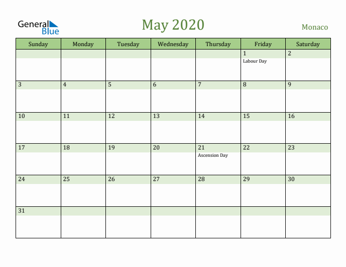 May 2020 Calendar with Monaco Holidays