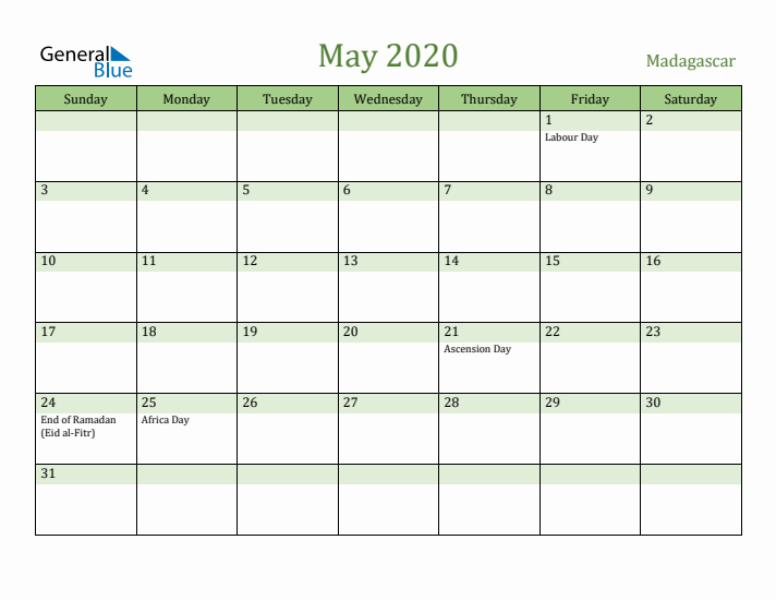 May 2020 Calendar with Madagascar Holidays