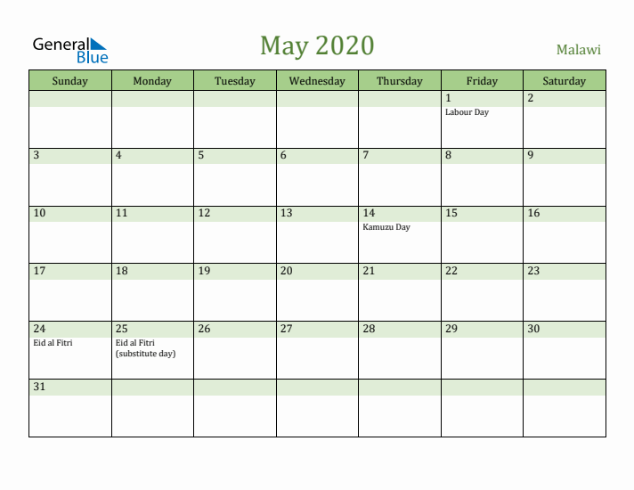 May 2020 Calendar with Malawi Holidays