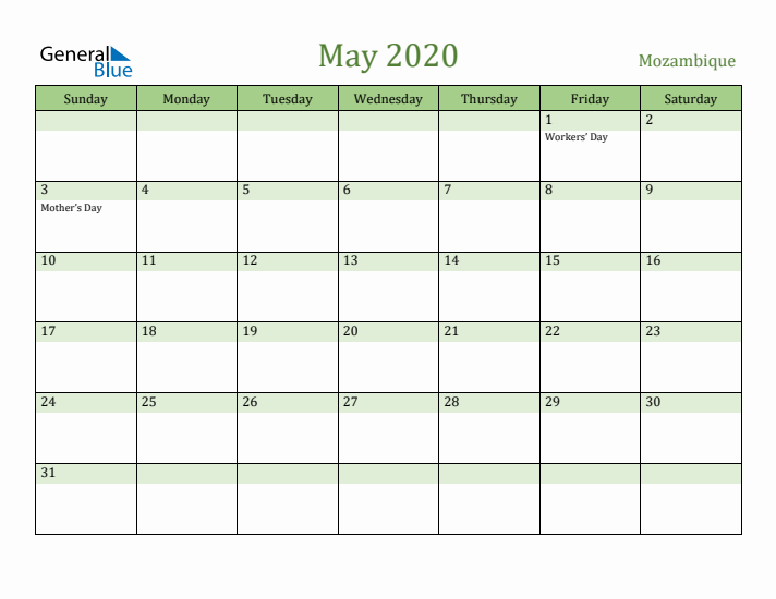 May 2020 Calendar with Mozambique Holidays
