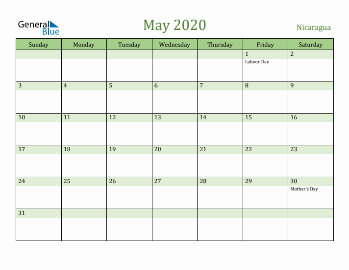 May 2020 Calendar with Nicaragua Holidays