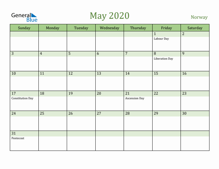 May 2020 Calendar with Norway Holidays