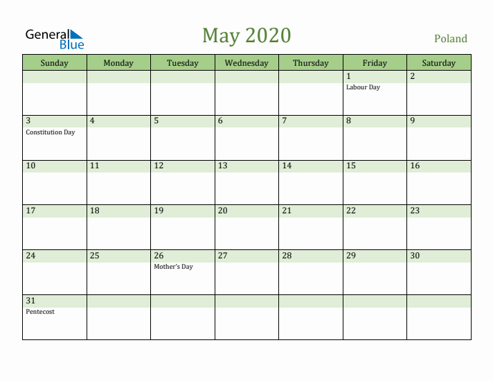 May 2020 Calendar with Poland Holidays