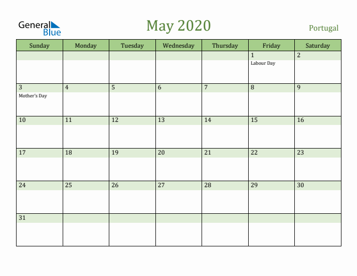 May 2020 Calendar with Portugal Holidays